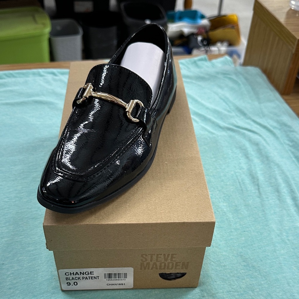 Steve Madden Change Black Patent Loafers with Gold Accent